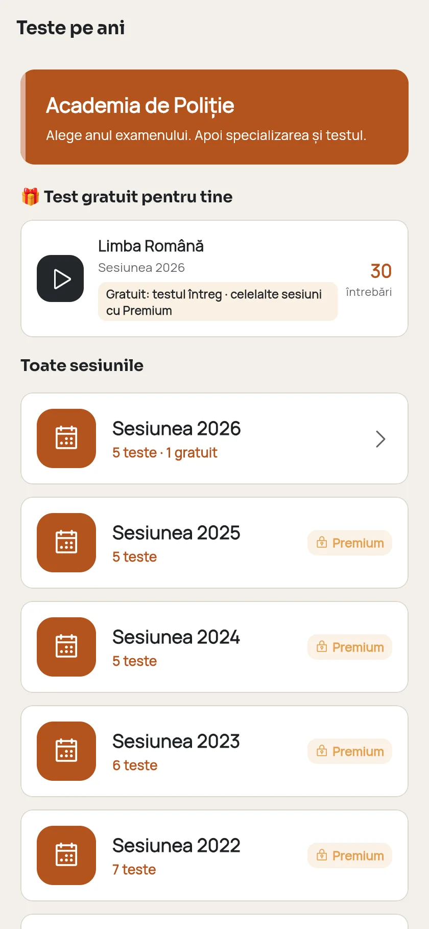 Sesiunile Academiei, an cu an