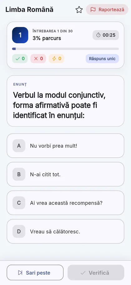O întrebare de limba română, exact cum apare în timpul testului