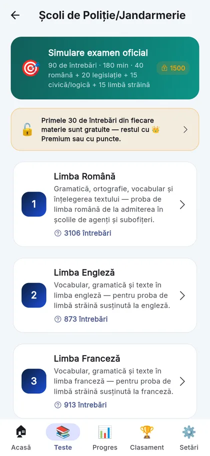 Cele cinci materii ale probei scrise, fiecare cu banca ei de grile