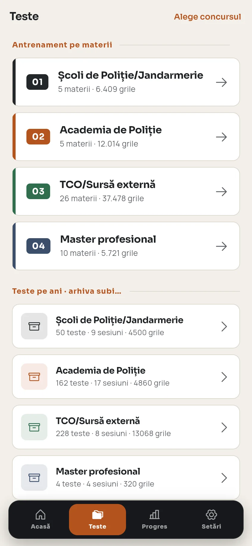Cele patru concursuri, cu testele lor pe ani